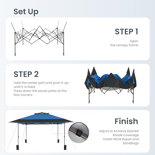 PHI VILLA 13x13 Pop Up Canopy Tent Instant Outdoor Party Canopy Easy One Person Set-up Folding Shelter with Auto Extending Eaves 169 Square Feet of Shade, Blue, Oxford Cloth with Stainless Steel Frame - color: Blue