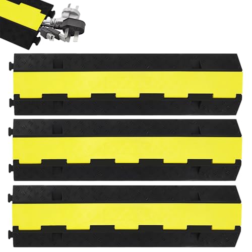 3 Pack 2 Channel Cable Protector Ramp – 11,000 lb Heavy Duty Rubber Speed Bump & Hose Protector with Non-Slip Surface, for Indoor Outdoor Driveways, Events, Worksites