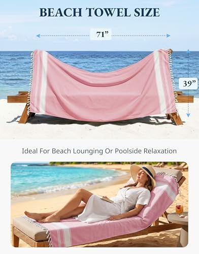 LANE LINEN Large Beach Towel, Turkish Towel, Lightweight Beach Towels for Adults, 39"x71" Oversized Pool Towels, Absorbent, Quick Dry, Durable Sand Proof Beach Towel, 39"x71" - Candy Pink - color: 05: Candy Pink, size: Pack of 1