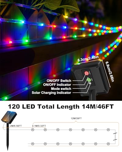 btfarm Solar Rope Lights Outdoor, 120LED 46FT Solar String Lights Outside Waterproof, 8 Lighting Modes Tree Tube Fairy Light Solar Powered for Garden Christmas Yard Party Decorations, Multicolor - color: Multicolor, size: 1 Pack