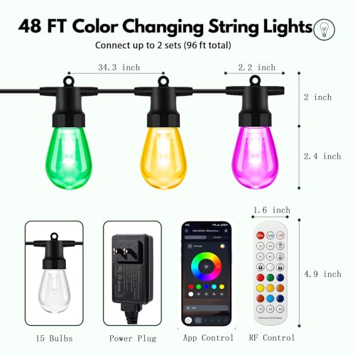 Outdoor String Lights Color Changing - 48FT Sync with Music Led Patio Lights Outdoor Waterproof with App and Remote Hanging 15 RGB Bulb Create Ambience for Garden, Cafe, Backyard, Christmas, Party