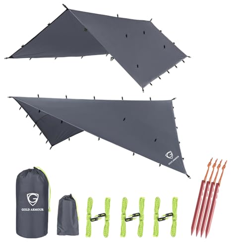Gold Armour Rainfly Tarp Hammock, Premium 20ft x 14.3ft Rain Fly Cover, Waterproof Ultralight Camping Shelter Canopy, Must Have Camping Accessories Camping Essential (Gray) - color: Gray
