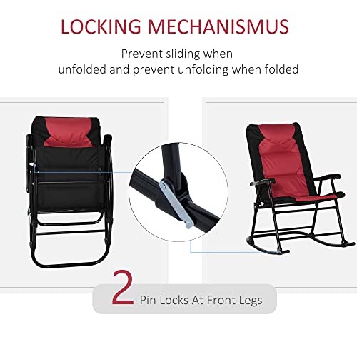 Outsunny Oversized Folding Rocking Camping Chair Set of 2, Padded Outdoor Rockers with High Back and Armrests, Portable Outdoor Patio Chairs with Steel Frame for Garden, Porch, Lawn, Red - color: Red