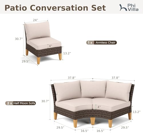 PHI VILLA 3-Piece Wicker Patio Furniture Set, Outdoor Curved Sectional Sofa Conversation Set with Cushions, Half-Moon Modular Couch for Garden, Deck, Backyard, Beige - color: Beige, size: 5 Seats - Half Moon