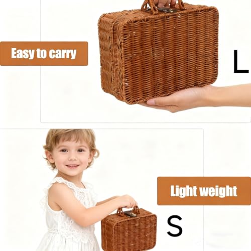 Mini Wicker Picnic Basket, Decorative Prop Suitcase Vintage Storage Hamper Makeup Organizer, 8.67" Metal Lock Plastic Rattan Storage Box with Handles for Sundries Travel Camping and Outdoor Party - color: Brown, size: Small