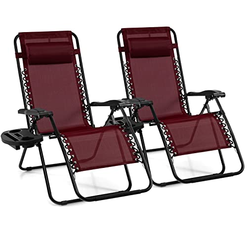 Giantex 2 PCS Zero Gravity Chair, Outdoor Chaise Lounge with Cup Holder, Patio Folding Chairs Recliner for Yard Pool Lawn Balcony, Burgundy - color: Burgundy, size: 1 Count (Pack of 2)