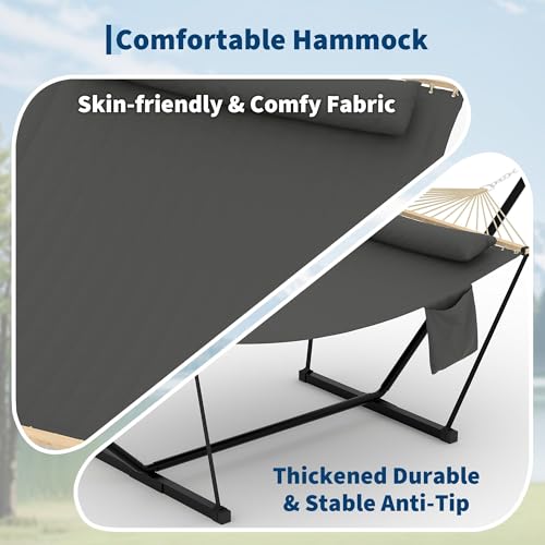Double Hammock with Stand - Heavy Duty Portable 2 Person Design with Adjustable Steel Stand, Max 450LBS, Ideal for Outdoor Patio, Garden, Beach & Backyard - color: L-dark Grey