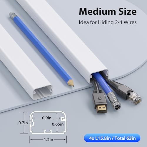ZhiYo Large Capacity Wire Hiders for TV on Wall, 63in (4xL15.8in) PVC Cable Cover, Snap and Lock Design, White Cord Covers for Wires on Wall - color: White, size: W1.2in x H0.7in - L63in