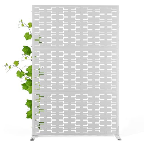 Modern Metal Privacy Screen, Patio Outdoor Privacy Panels with Stand, Freestanding Outdoor Divider for Yard, Deck＆Garden(71.3"*47.3"*15.7") - color: White,Brick
