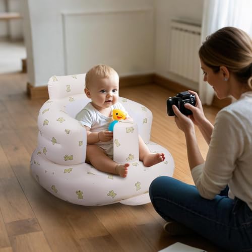 AirSwim Inflatable Baby Seat, Inflatable Baby Chair for Babies 3 Months and Up Summer Baby Inflatable Seat for Sitting Up, Blow Up Baby Floor Seat with Built in Air Pump, Bear - color: Bear