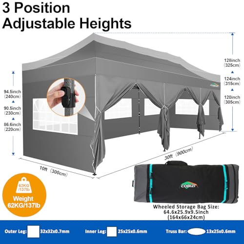 COBIZI 10x30 Pop up Canopy Tent 10x30 Canopy with 8 Sidewalls Waterproof Heavy Duty Commercial Canopy Tent for Parties Outdoor Garden Gazebo, Carry Bag with Wheel(10x30ft, Gray) - color: Gray, size: 10X30FT 8 Sidewalls
