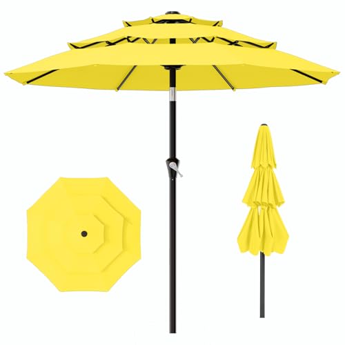 AreShark 9ft 3-Tier Patio Umbrellas, Outdoor Umbrella with 8 Sturdy Ribs UV Protection Windproof, Market Table Umbrella w/Push Button Tilt & Crank for Pool, Porch, Deck, Garden(Yellow) - color: Yellow