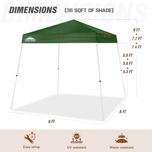EAGLE PEAK 8x8 Slant Leg Pop-up Canopy Tent Easy One Person Setup Instant Outdoor Beach Canopy Folding Portable Sports Shelter 8x8 Base 6x6 Top (Green) - color: Green, size: 8x8
