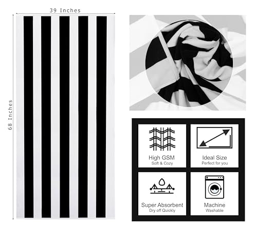 COTTON CRAFT Oversized XL Beach Towel - 2 Pack 39 x 68 inches Big & Huge Beach Blanket Towel - 100% Cotton Velour Thick Plush 450 GSM Super Soft Luxury - Pool Picnic Bath Towel - Cabana Stripe Black - color: Cabana Stripe - Black, size: 2 Pack - 39x68