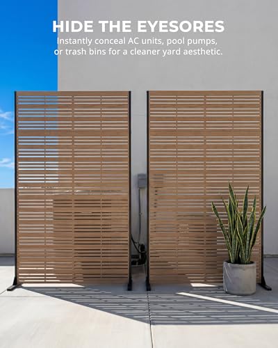 6FT Outdoor Privacy Screen | 37lb Heavy-Duty Metal Fence Panel, Freestanding with Expansion Anchors | Rust-Resistant Powder-Coated, Louvered Faux Wood — Patio, Balcony, Pool, Deck (72" H×47" W) - color: Matte teak color