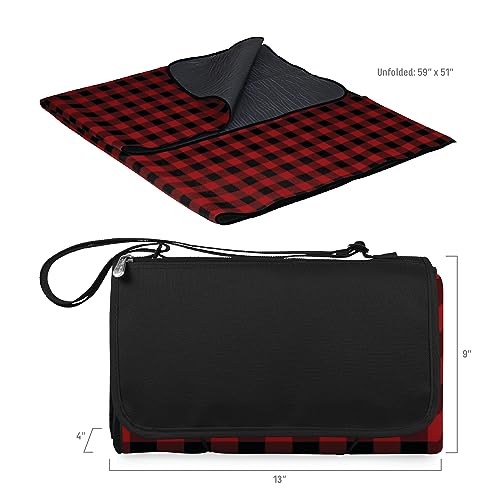 PICNIC TIME Outdoor Picnic Blanket Tote, 59"x51" Foldable Beach & Camping Blanket with Soft Fleece, Water-Resistant Bottom, Adjustable Strap & Zippered Pocket (Red & Black Buffalo Plaid) - color: Red/Black Buffalo Plaid
