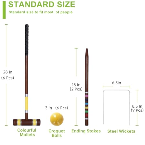 Six Player Croquet Set, 28’’ Croquet Set with Wooden Mallets/Colored Ball/Wickets/Stakes for Adults/Teenager/Family-Perfect for Lawn/Backyard Game/Park (Vintage Brown) - color: Vintage Brown-with Grip Tape