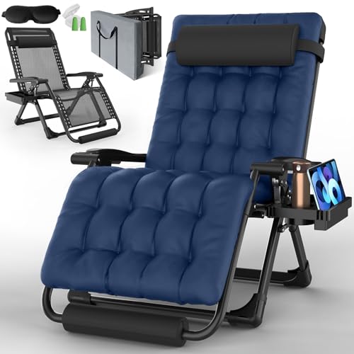 Oversized Zero Gravity Chair, XXL Lounge Chair 33” Width, Padded Recliner Chair W/Removable Cushion & Adj Headrest, Storage Bag, Footrest Cushion, Cup Holder, for Indoor Outdoor - color: 33in - Blue