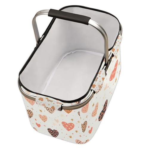 Sweet Love Heart Picnic Basket Large Collapsible Market Baskets Portable Reuasble Shopping Bags with Handles for Camping Beach Travel - color: Red