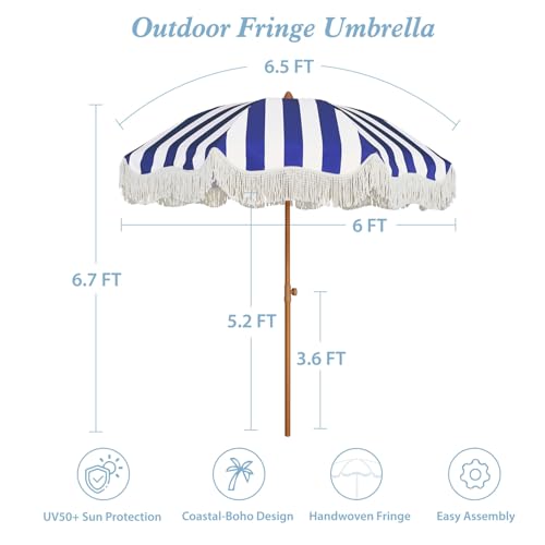 AMMSUN Boho Fringe Umbrella Outdoor Patio, 6.5ft UPF50+ Picnic Umbrella with Tassels with Steel Pole and Push Button Tilt, Navy Stripe - color: Navy Stripe