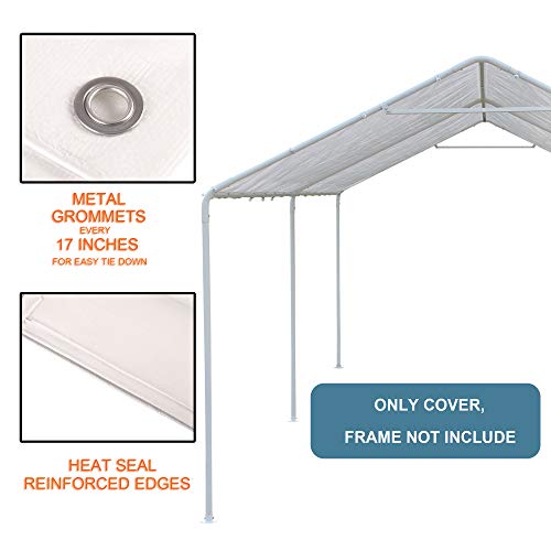 Thanaddo 10 x 20 Ft Carport Replacement Canopy Cover Garage Top Tent Shelter Tarp with Free 44 Ball Bungee Cords,White(Only Cover, Frame Not Include) (10x20 White) - size: 10x20 white