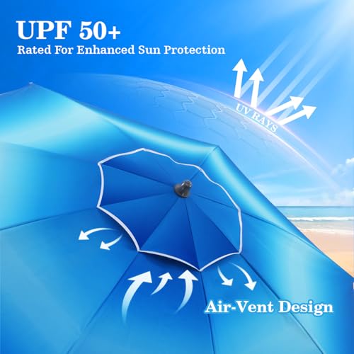 UIRWAY Beach Umbrella, Heavy Duty Windproof Beach Umbrellas with Sand Anchor & Tilt, Sun Protection Portable Beach Umbrella with Carrying Bag for Beach, Patio Garden Pool Outdoor - color: Deep Ocean Fade, size: 8.5FT