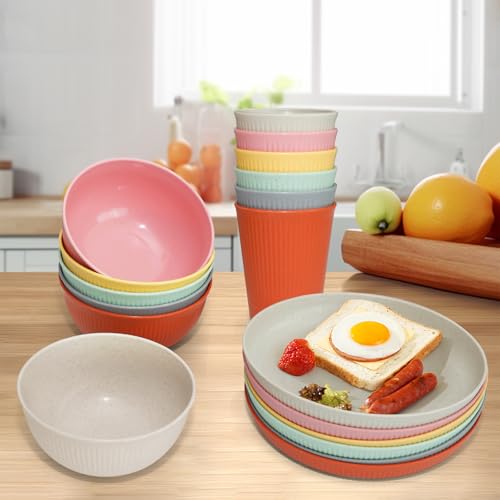 36 pcs Wheat Straw Dinnerware Sets DAPIPIK Unbreakable Reusable Dinnerware Set ，Lightweight Camping Plates Cups and Bowls Set. Dishwasher Microwave Safe Dinnerware - color: Multiple colors