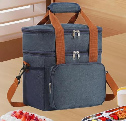 Double Layer Cooler Bag – Leakproof Thermal Food Storage Tote with Shoulder Strap – Large Capacity for Work, Travel, or Picnic – Available in Gray, Black & Navy Blue - color: Blue