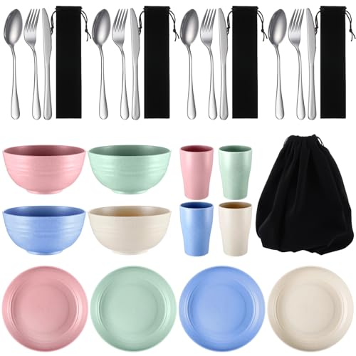 Teenyyou 4 Sets Camping Mess Kits for 4 Person Camping Silverware Set Include Cup, Bowl, Plate, Knife, Spoon, Fork Cutlery Set Unbreakable Wheat Straw Dinnerware Utensils for Travel - color: Pastel Color