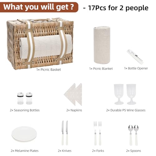 G GOOD GAIN Picnic Basket for 2 - Wicker Picnic Set with Waterproof Blanket| Large Picnic Hamper with Insulated Cooler & Cutlery Kit for Couples Camping,White Flower,15x11x7.5inch - color: White Flower