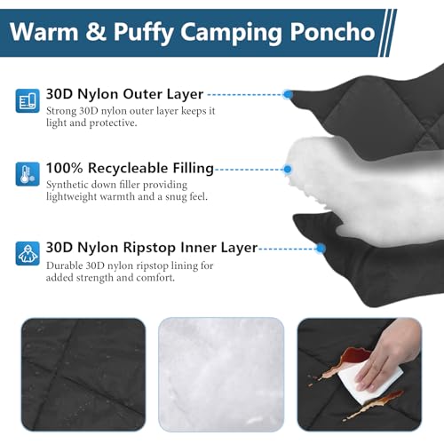 Camping Outdoor Blanket, Ultralight Down Alternative Printed Travel Camp Blankets for Sleeping Packable Waterproof Puffy Quilt for Hammock Picnic Stadium Beach Cold Weather (Black Blanket Poncho) - color: Black Blanket Poncho