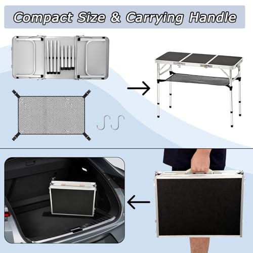 YihuiKo 3 ft Folding Table, Camping Table with Storage Net, Lightweight Portable Aluminum Foldable Table with Adjustable Height Max 27.5 Inch Outdoor Table for Picnic Travel, Black - size: 35"L x 16"W x 27"H