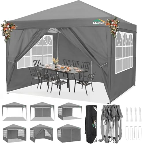 COBIZI 10x10 Pop Up Canopy Tent with 4 Sidewalls Party Tents Waterproof UPF 50+ Commercial Instant Outdoor Events Tent for Parties Markets Backyard, Ropes（10 x 10 ft Gray - color: Gray, size: 10x10FT with 4 sidewalls