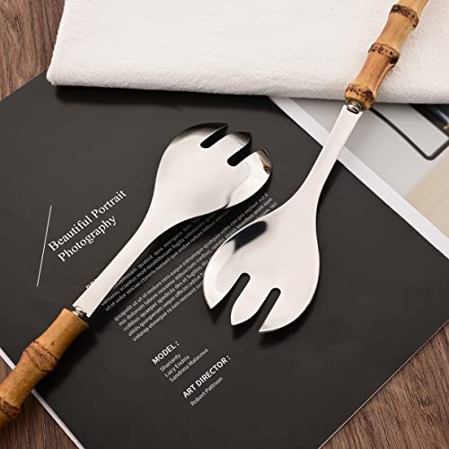 Serving Spoon and Fork Set, 304 Stainless Steel Serving Utensils with Natural Bamboo Handle, 10" Long Handle Serving Set for Kitchen Party Buffet, 4 Pieces / 2 of Each - color: 4-Piece Serving Utensils
