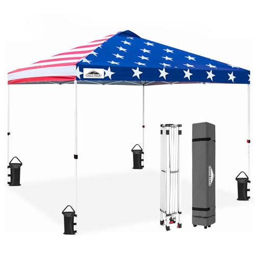 EAGLE PEAK Pop Up Canopy Tent with Wheeled Carry Bag, 8 Stakes, 4 Ropes, 4 Weight Bags, Easy Set Up Tent Canopy, 10x10 ft, 100sqft of Shade, American Flag - color: American Flag, size: 10x10