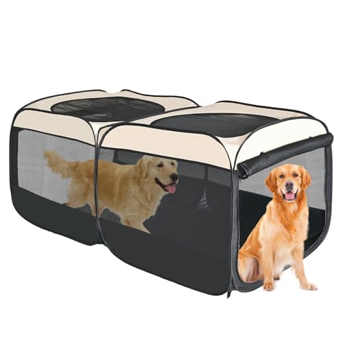 2-in-1 Dog Playpen 73.5''Pop Up Cat Pet Playpen, Assembly-Free Indoor Outdoor Kitten Enclosure, Kitten Pen Cat Cage Portable Puppy Tent Crates Kennel for Small Animals(No Divider, Unified Space) - color: Beige, size: L, 73.3"L x 37.5"W x 32"H