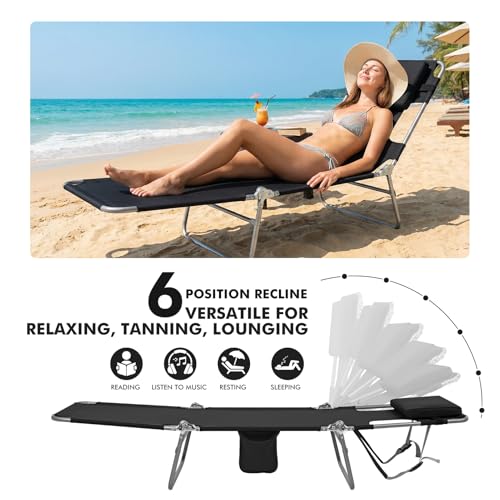 3 in 1 Women Comfort Backpack Tanning Beach Chair with Face Hole & Cushion | Portable Folding Lounge Sun Chair for Adults Outside Reading Sunbathing Poolside | Reclining 6 Position | 2 Pack - color: Black / 2 Pack