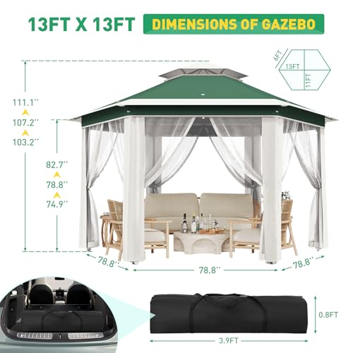 Takywep 13x13 ft Outdoor Gazebo Pop Up Canopy Tent, Heavy Duty Metal Frame, Double UV Protection, Privacy Screen Curtain, 3-Height Adjustable, Wheeled Bag & Ground Stakes for Backyard Patio Greenbeige - color: Green