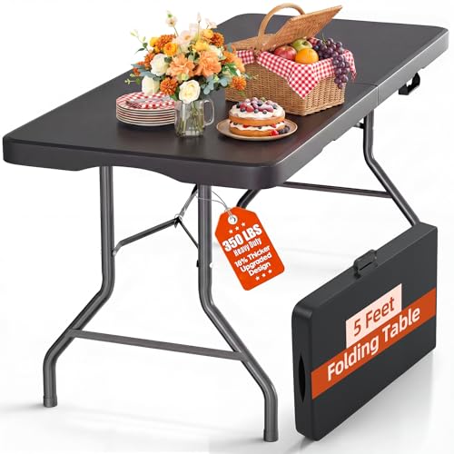 5ft Folding Table Heavy Duty 350 LBS Capacity Foldable Table with 18% Thicker HDPE Waterproof Top & Reinforced Steel Frame, Portable Fold-in-Half Table for Outdoor Indoor Party Wedding Camping - color: Black, size: 5Ft