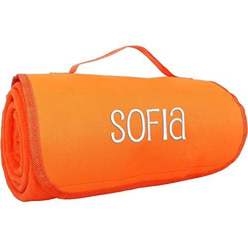 Threadart Personalized Embroidered Portable Blanket with Carrying Strap | Monogrammed Customized Travel Sports Stadium | Soft Fleece | 58in x 48in - Orange | for Picnic, Outdoor Blanket