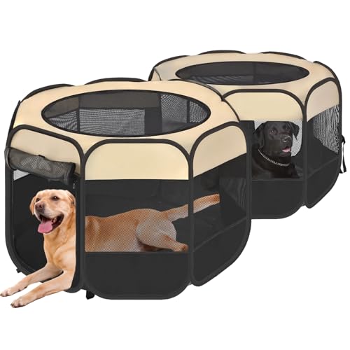 EighteenTek® 2-in-1 Pop Up Cat Playpen XLarge, Dog Puppy Pet Playpen, Indoor Outdoor Cats Enclosed, Cat Tent House Crate Cage, Portable & Foldable Playpen for Kittens(No Divider, Unified Space) - color: Beige, size: L, 83.5"L x 41.4"W x 32.3"H