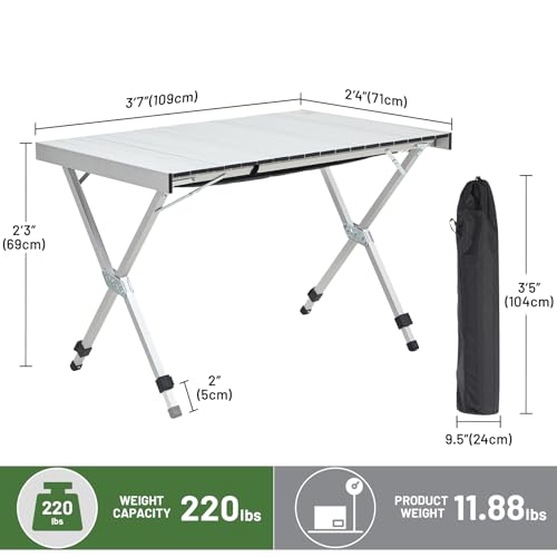 TIMBER RIDGE Folding Camping Table Adjustable Height, 4-6 Person Lightweight Aluminum Roll-up Table for Camping Outdoor Picnic BBQ Backyard Party Support 220 lbs, Silvery - color: Silvery, size: 43" x 28"