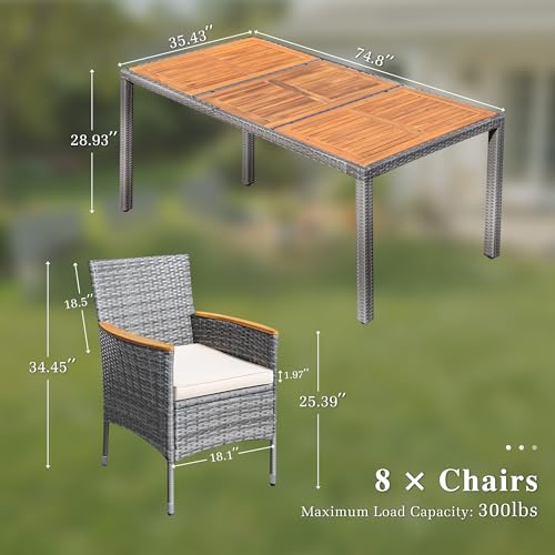Devoko Outdoor Patio Dining Sets 9 Pieces Wicker Outdoor Dining Table and Chairs Set with Acacia Wood Table Top and Widened Armrests for Backyard, Garden, Deck (Grey) - color: Grey, style: 9 Piece Dining Set