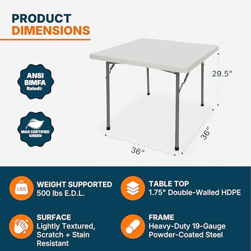 OEF Furnishings OEFBT3636 Utility Series Heavy-Duty Premium Commercial-Grade Indoor/Outdoor Folding Table (36 x 36 in, Square, Speckled Gray Top / Gray Frame) - size: 36" x 36"