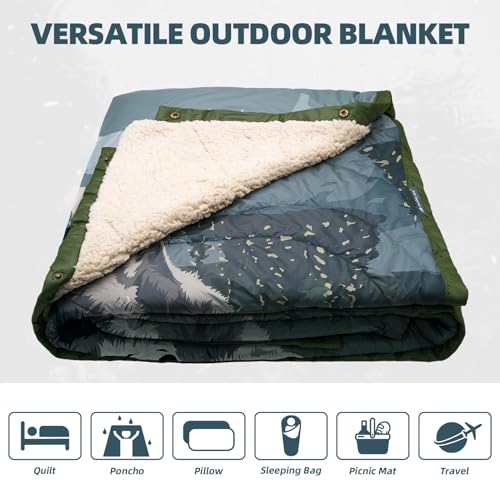 Outdoor Camping Blanket with Sherpa Lining, Extra Warm Thick Camp Blankets and Puffy Ultralight Soft Poncho DWR Camping Quilt for Cold Weather, Adventure, Sleeping, Backpacking 78"x 56" - color: Dark Blue, size: 78 x 56 inches