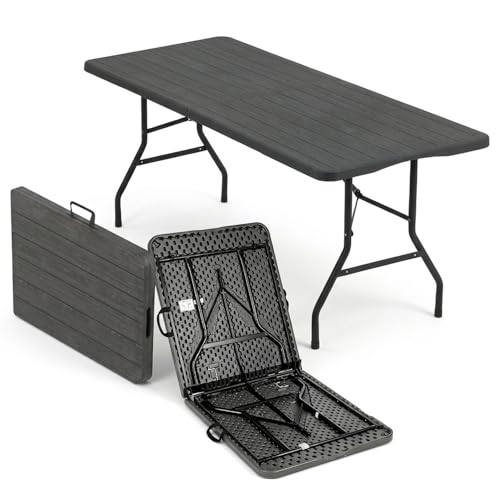 6FT Heavy Duty Folding Table, Fold-in-Half Portable Plastic Table with Carry Handle, Tree Pattern HDPE Tabletop, Indoor Outdoor Utility Table for Watch Party, BBQ,Camping,Events,Backyard Dining–Grey - color: Gray-tree, size: 6FT