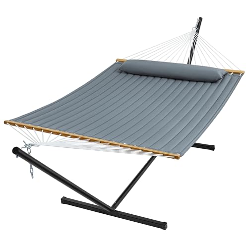 SUPERJARE Hammock with Stand, 2 Person Quilted Outdoor Hammock, Detachable Pillow & Bamboo Spreaders, Portable Hammock with Carrying Bag, Heavy Duty Stand, Perfect for Outside, Patio, Neutral Gray - color: Neutral Gray, size: 55.1"W × 74.8''D × 43.3''H
