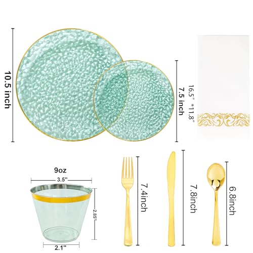 DaYammi 350 Pcs Clear Green Gold Plastic Plates, Hammered Disposable Dinnerware, Clear Green Plates Set Include 100 Plastic Platos, 150 Gold Disposable Silverware, 50 Cups and 50 Napkins for Party - color: Clear Green, size: 350 Pcs