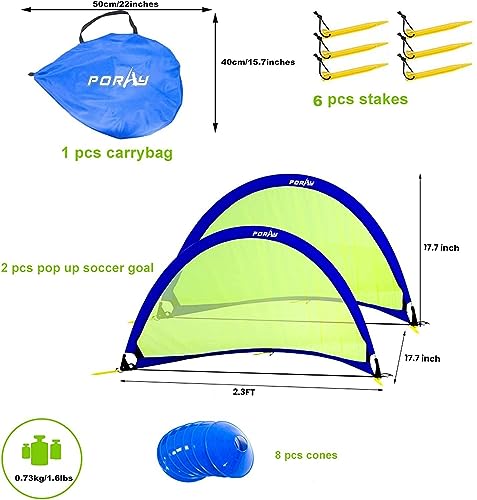Poray Soccer Goal for Kid Easy-up Set of Two Portable Soccer Net 210D Oxford with 8 Field Marker Cones Extra Stakes Fun for Backyard and Soccer Training - color: Blue, size: 2.4ft