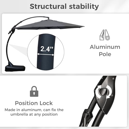Grand patio 12 FT Sunbrella Cantilever Umbrella with Base Outdoor Aluminum Offset Umbrella with Tilt Adjustment (Charcoal, 12 FT-SUNBRELLA) - color: Charcoal-SUNBRELLA, size: 12 FT